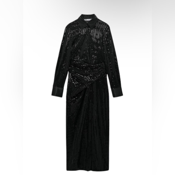 SOLD!! NWOT ZARA Women’s BLOGGER FAVE Black Sequin Ruched Midi Dress Medium M - Picture 2 of 12